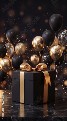Black gift box with golden bow surrounded by gold and black balloons