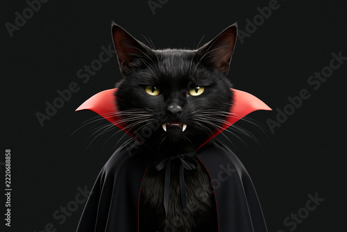 Black cat vampire portrait with red cape and bow tie, fangs bared, Halloween costume on black background