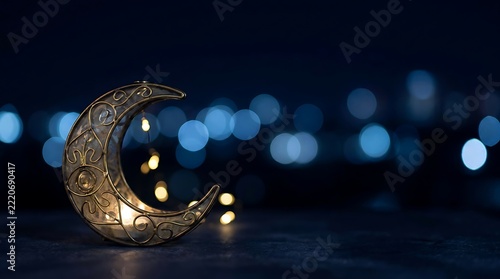 Ornate crescent moon lantern glows softly at night with bokeh lights.