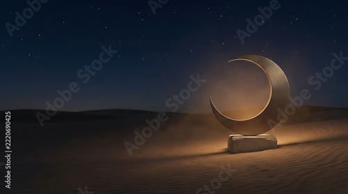 Metallic crescent moon sculpture on stone in desert at night.