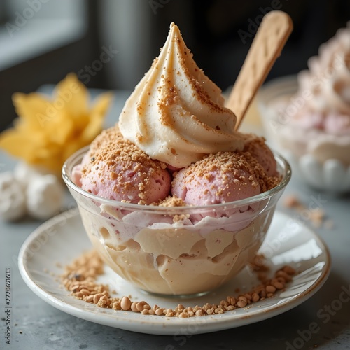 A soft serve dessert served in a clear glass bowl on a matching saucer topped with cream