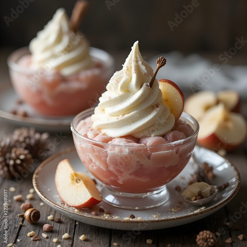 A layered fruit and whipped cream dessert an apple whip mousse cup topped with piped cream.