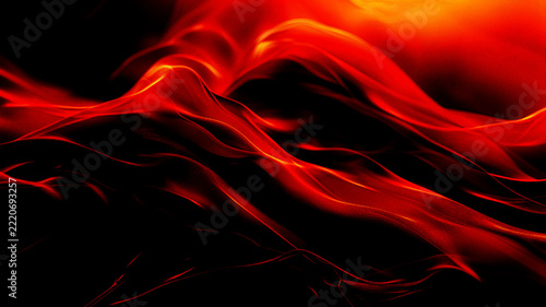 Fiery abstract dark background featuring flowing scarlet and orange ribbons over black, with layered flame-like waves and glowing curves for dramatic digital artwork and striking visual compositions.