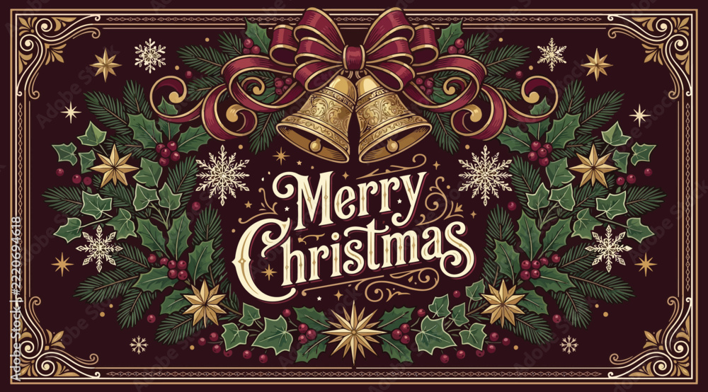 Naklejka premium Elegant vintage merry christmas card featuring ornate calligraphy, golden bells, festive ribbons, and detailed evergreen holly foliage on a rich burgundy background