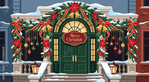 Festive christmas entrance with decorated green door, golden bells, poinsettias, and hanging ornaments on a snowy porch, perfect for holiday greeting cards and winter seasonal design backgrounds