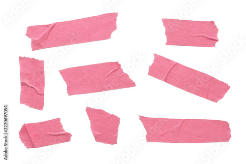 Set of pink adhesive sticky tape strips - Tapes in different positions - Ripped off tape with rough or ripped edge - Transparent background Isolated