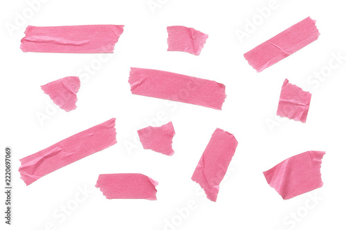 Set of pink adhesive sticky tape strips - Tapes in different positions - Ripped off tape with rough or ripped edge - Transparent background Isolated
