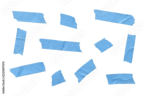 Set of blue adhesive sticky tape strips - Tapes in different positions - Ripped off tape with rough or ripped edge - Transparent background Isolated