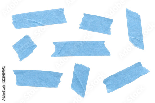 Set of blue adhesive sticky tape strips - Tapes in different positions - Ripped off tape with rough or ripped edge - Transparent background Isolated