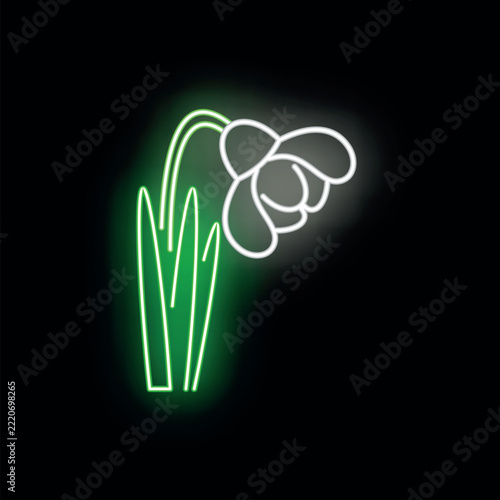Snowdrop flower icon with green stem and white petals glowing in a neon style