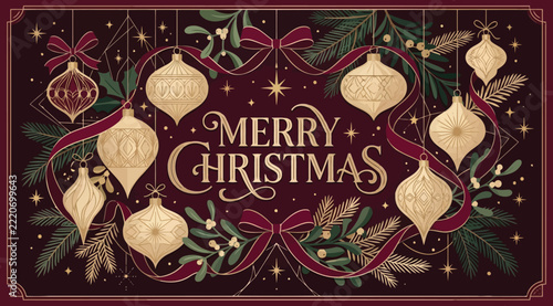 Vintage merry christmas greeting card design with elegant gold ornaments, pine branches, and ribbons on a dark burgundy background, festive holiday illustration for seasonal invitations and decor