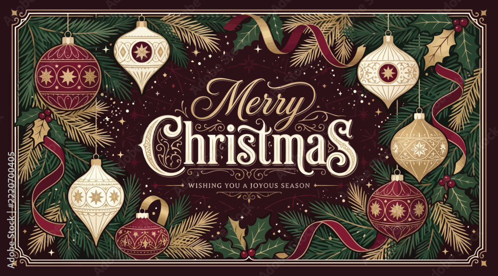 Naklejka premium Vintage style christmas greeting card featuring ornate hanging baubles, pine branches, holly, and ribbons on a deep burgundy background with elegant typography