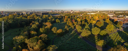 Philips Park Cemetery, Autumn Woodland, and Manchester City Skyline Morning Panorama