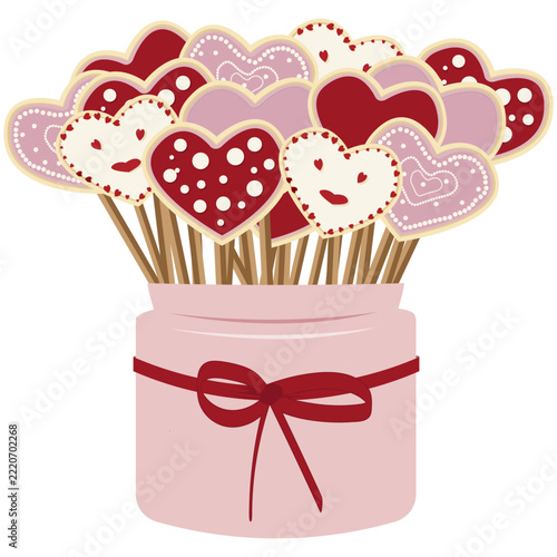 Valentine cookie bouquet in pink jar on white