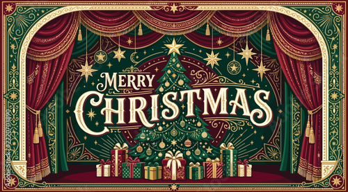 Elegant merry christmas stage design with a decorated tree, gift boxes, and ornate curtains, vintage style illustration for holiday events and seasonal posters