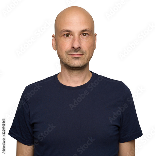Confident Bald Man in Dark Blue T-Shirt Looking at Camera, isolated