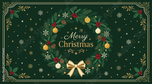 Elegant christmas wreath with golden ornaments, pine cones, and a bow on a dark green background with snowflakes