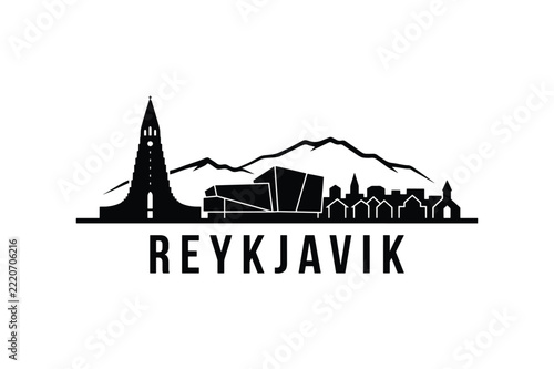 Reykjavik city skyline silhouette logo in minimalist black style for Iceland travel and landmark design