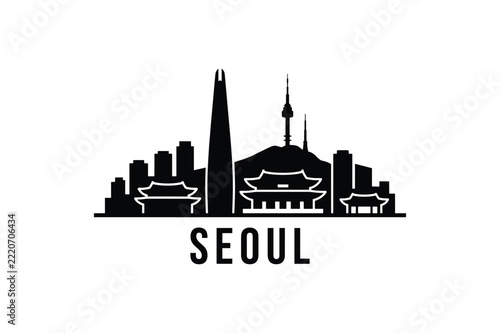 Seoul city skyline silhouette logo in minimalist black style for South Korea modern travel design