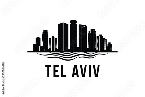Tel Aviv city skyline silhouette logo in minimalist black style for Israel urban coast travel branding
