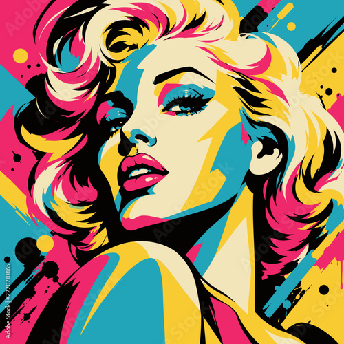High contrast pop art portrait of a woman with blonde curly hair featuring a bold color palette of magenta and cyan with abstract geometric shapes and colorful paint splashes
