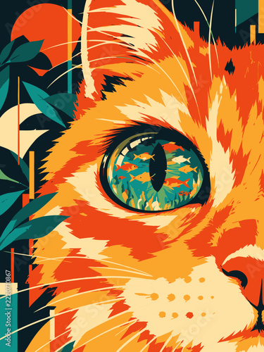 Close-up Portrait of an Orange Cat with a Reflective Eye Showing Fish Swimming in Water