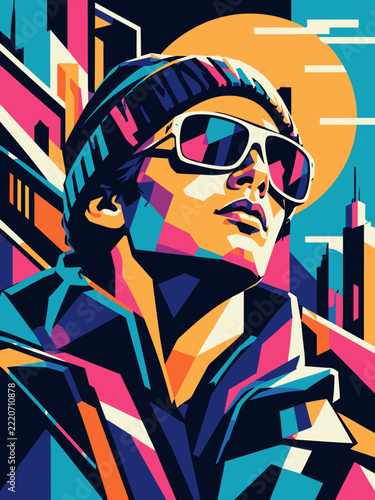 Pop Art Style Portrait of a Man Wearing Sunglasses and a Beanie Against City Skyline