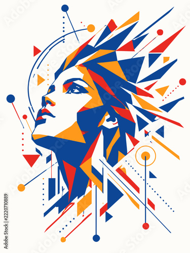 Abstract Geometric Portrait of a Woman in Vibrant Primary Colors with Sharp Angular Shapes and Dynamic Lines