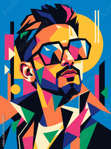 Modern Geometric Male Portrait with Sunglasses and Colorful Mosaic Style in Bright Neon Colors