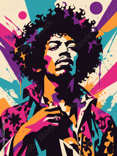 Pop Art Style Portrait of a Man with Afro Hair and Colorful Patterned Clothing in Retro Aesthetic