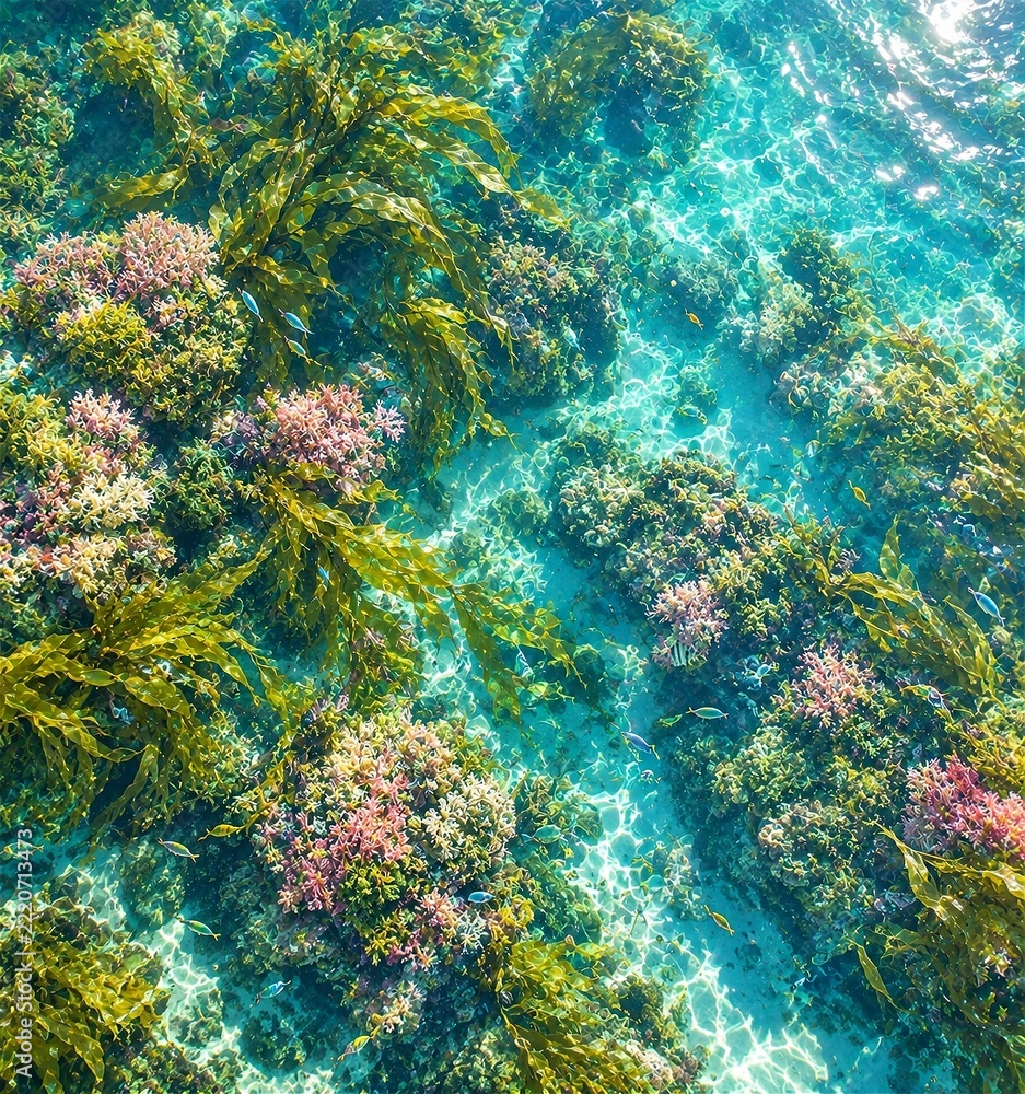 Fototapeta premium Aerial View of a Vibrant Tropical Coral Reef in Crystal Clear Turquoise Water