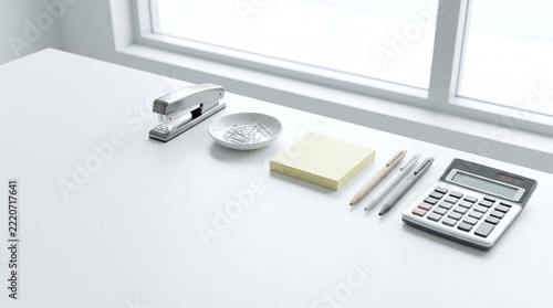 Organized office desk accessories with calculator pens and sticky notes