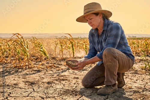 Woman examining dry soil in a drought-stressed cornfield