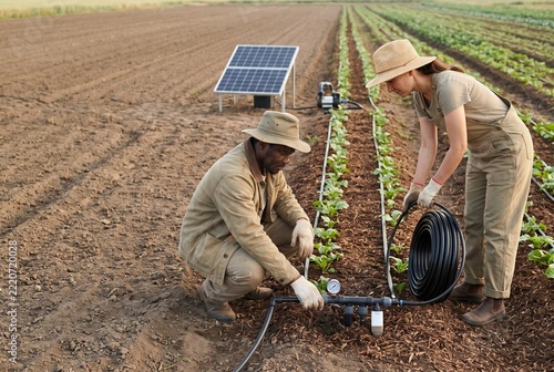 Farm workers installing drip irrigation in vegetable fields