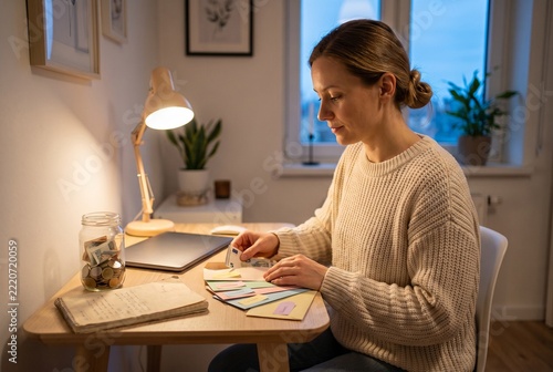 Woman organizing cash envelopes for household budgeting at home