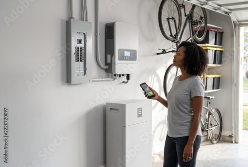 Woman checking home energy storage system in garage