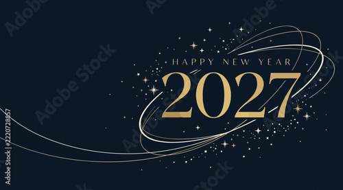 Happy new year 2027 elegant greeting card design with golden numbers, swirling light trails, and sparkling stars on a dark navy blue background