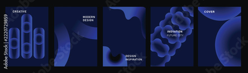 Futuristic vector poster collection with blue purple gradients, flowing waves, circular forms and optical lines for brochure cover