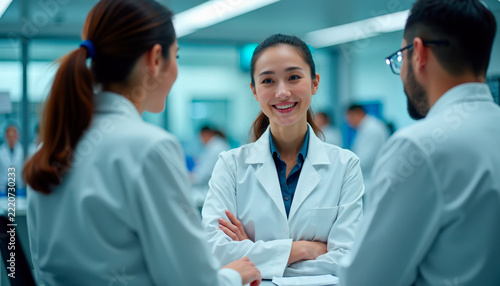 Medical team discussing project in laboratory with female leader smiling while two colleagues listen attentively. Medical discussion highlights teamwork and collaboration in healthcare environment.