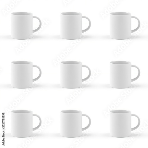 Collection of 10 distinct plain white ceramic mugs in 3D minimal style isolated on white background