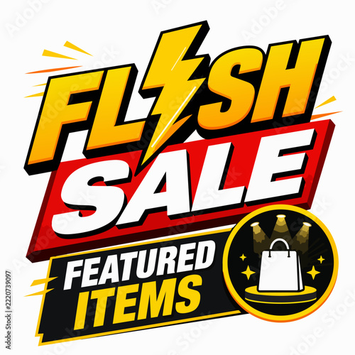 A flash sale promotional graphic features bold lettering and shopping bag imagery.