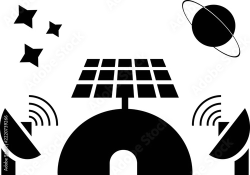 Lunar base habitat with solar panel and satellite dishes space colony black silhouette vector icon isolated for astronomy exploration