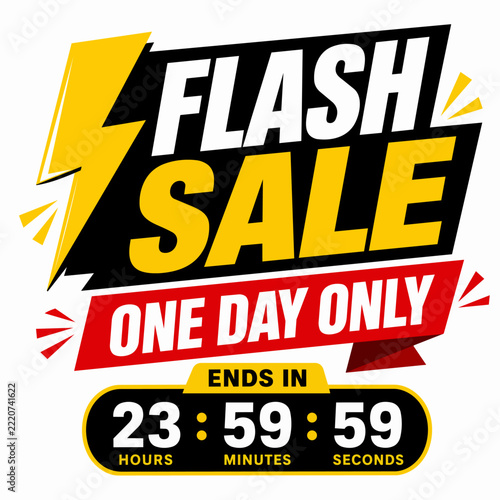 A flash sale graphic displays a countdown timer and bold promotional text.