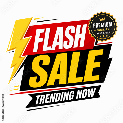 A vibrant flash sale promotional banner features bold typography and dynamic graphics.