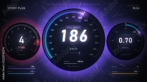 Car Digital Speedometer Dashboard Launch Acceleration And Braking Neon Loop Animation
