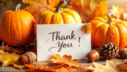 A card with thank you text placed among pumpkins, leaves, and acorns on a wooden table.