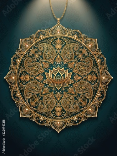 Ornate Mandala Pendant Necklace on Dark Blue Background
