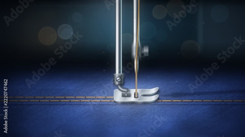 Close Up Of Sewing Machine Needle Stitching Blue Denim Fabric Seamless Loop