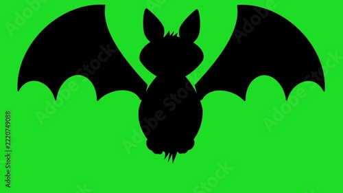 flying vampire bat. Cute furry animated Halloween silhouette cartoon with flapping wings & green screen chroma key background 4K friendly spooky animation isolated graphic for customisation