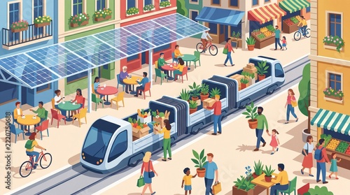 Electric cargo tram system with solar panel canopies in sustainable city plaza illustration